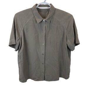 Everlane Grey Silk Short Sleeve Blouse sz M Dusty Slate Button Front Boxy Shirt